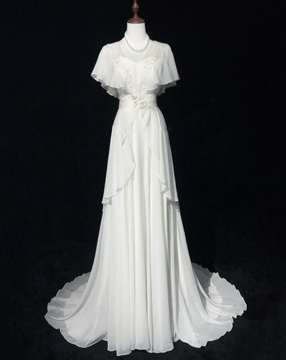 French Chic White Mermaid High Collar Chiffon Shawl Corset Maxi Wedding Dress RS1163