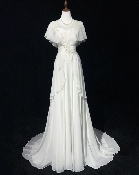 French Chic White Mermaid High Collar Chiffon Shawl Corset Maxi Wedding Dress RS1163