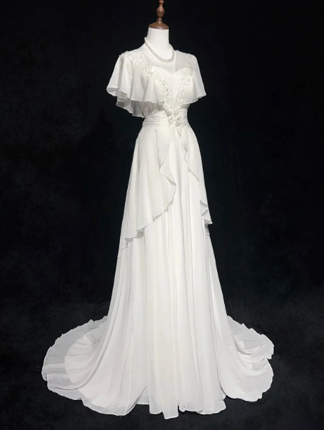 French Chic White Mermaid High Collar Chiffon Shawl Corset Maxi Wedding Dress RS1163