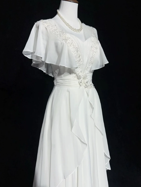 French Chic White Mermaid High Collar Chiffon Shawl Corset Maxi Wedding Dress RS1163