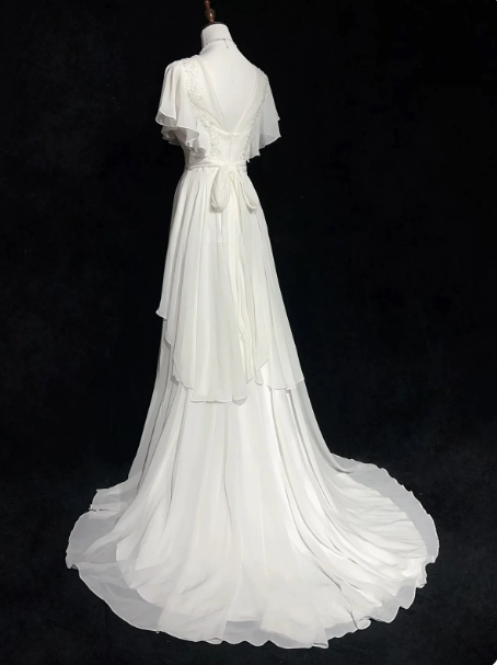 French Chic White Mermaid High Collar Chiffon Shawl Corset Maxi Wedding Dress RS1163