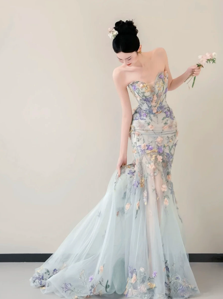 Fresh Pale Blue Prom Dress ,Mermaid Sweetheart Applique Tulle Bodycon Maxi Celebrity Dress RS1168