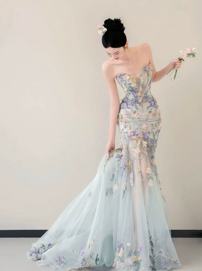 Fresh Pale Blue Prom Dress ,Mermaid Sweetheart Applique Tulle Bodycon Maxi Celebrity Dress RS1168