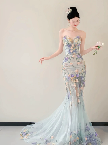 Fresh Pale Blue Prom Dress ,Mermaid Sweetheart Applique Tulle Bodycon Maxi Celebrity Dress RS1168