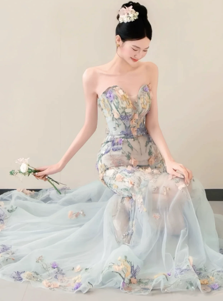 Fresh Pale Blue Prom Dress ,Mermaid Sweetheart Applique Tulle Bodycon Maxi Celebrity Dress RS1168