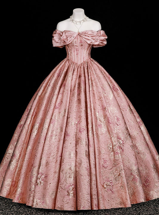 French Retro Floral Pink Ball Gown Bateau Long Women Dress with Embroidery Prom Dress Evening Dress RS096