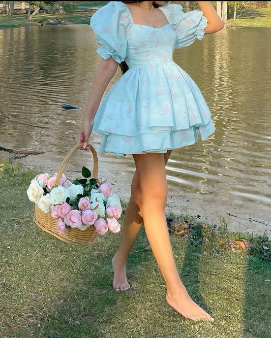 Blue floral princess dress puff sleeves cute puffy skirt homecoming dress R3477