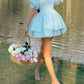 Blue floral princess dress puff sleeves cute puffy skirt homecoming dress R3477