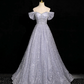 Glitter Sliver Prom Dress ,A-Line Off-the-shoulder Sequins Corset Maxi Evening Dress RS904
