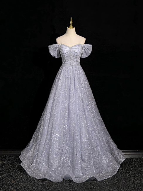 Glitter Sliver Prom Dress ,A-Line Off-the-shoulder Sequins Corset Maxi Evening Dress RS904