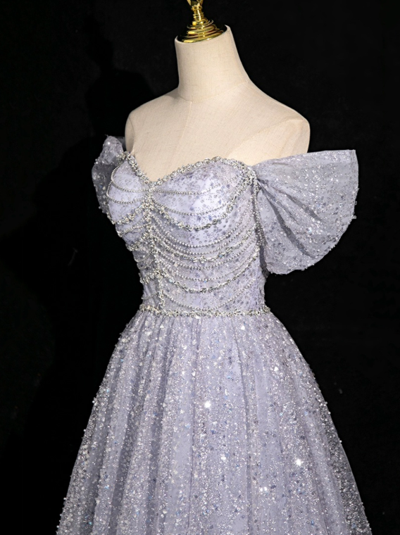 Glitter Sliver Prom Dress ,A-Line Off-the-shoulder Sequins Corset Maxi Evening Dress RS904