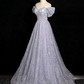 Glitter Sliver Prom Dress ,A-Line Off-the-shoulder Sequins Corset Maxi Evening Dress RS904