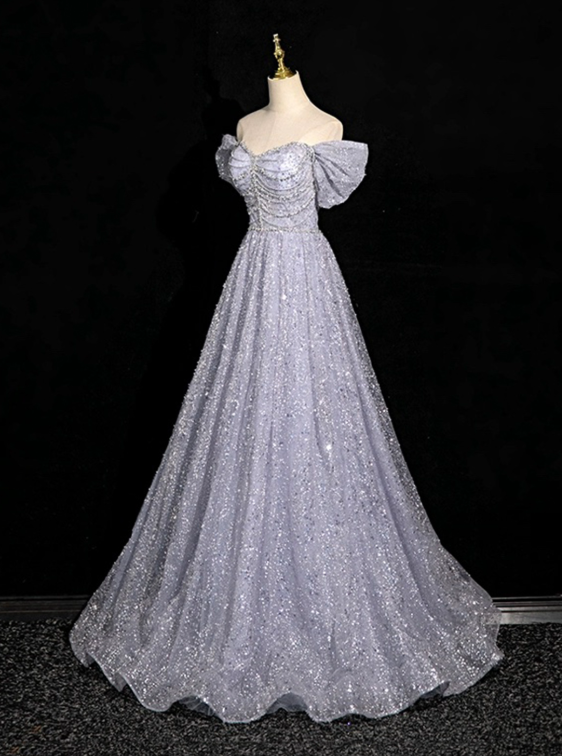 Glitter Sliver Prom Dress ,A-Line Off-the-shoulder Sequins Corset Maxi Evening Dress RS904