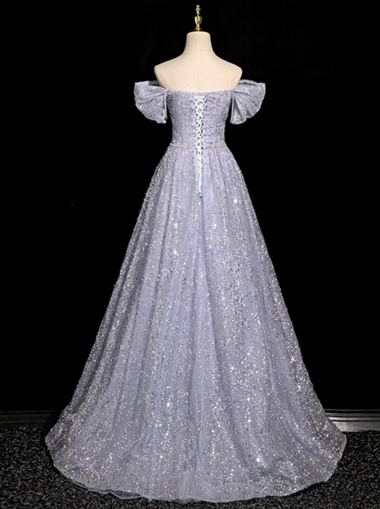 Glitter Sliver Prom Dress ,A-Line Off-the-shoulder Sequins Corset Maxi Evening Dress RS904