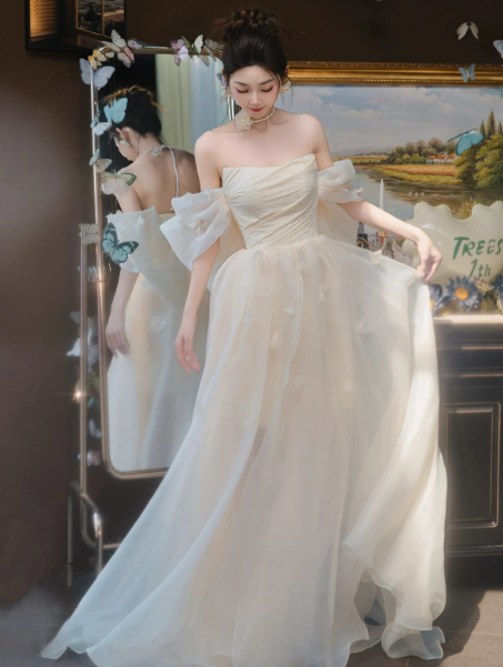 Cute White A-Line Off-the-shoulder Tulle Corset Maxi Wedding Dress RS1165