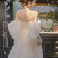 Cute White A-Line Off-the-shoulder Tulle Corset Maxi Wedding Dress RS1165