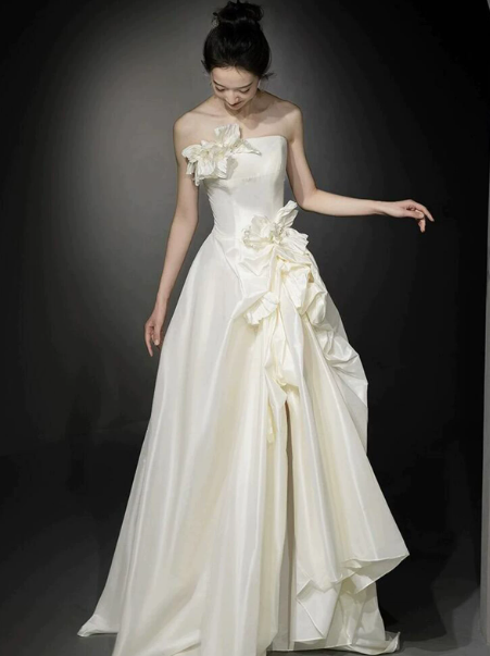 Elegant White Silky A-Line Strapless Applique Satin Corset Maxi Wedding Dress RS1167