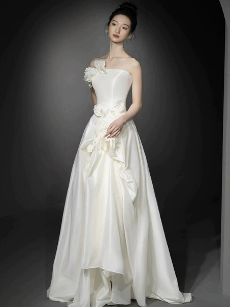 Elegant White Silky A-Line Strapless Applique Satin Corset Maxi Wedding Dress RS1167