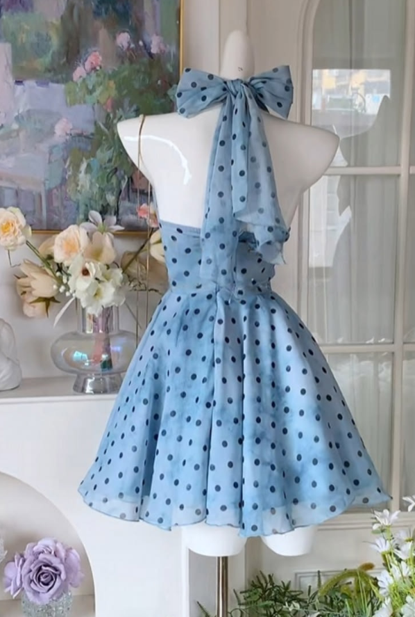 Fresh Baby Blue Homecoming Dress ,A-Line Deep V-neck Polka Dots Corset Short Prom Dress RS1171