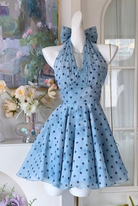 Fresh Baby Blue Homecoming Dress ,A-Line Deep V-neck Polka Dots Corset Short Prom Dress RS1171