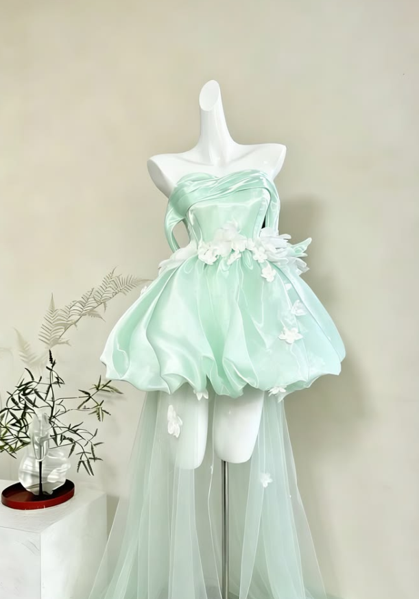 Pretty Mint Green Silky Homecoming Dress ,A-Line Strapless Applique Corset Short Prom Dress RS1173