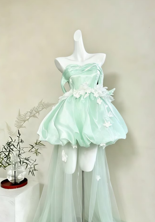 Pretty Mint Green Silky Homecoming Dress ,A-Line Strapless Applique Corset Short Prom Dress RS1173
