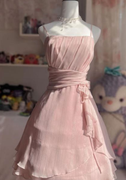 Sweet Pink Homecoming Dress ,A-Line Spaghetti Straps Corset Short Prom Dress Cami Dress RS1174