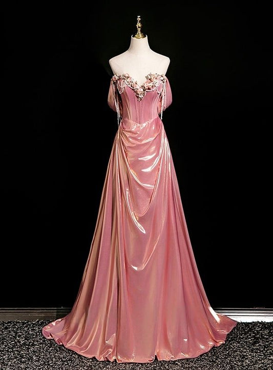 Cute Hot Pink A-Line Strapless Long Women Dress with Beaded Birthday Dress Evening Dress RS098