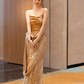 Glitter Golden Prom Dress ,Mermaid Strapless Sequins Bodycon Maxi Evening Dress RS1178
