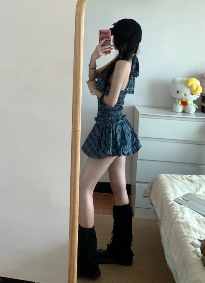 American style dress sleeveless halter top, checkered top, short skirt design, homecoming dress R2991