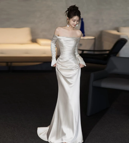 Elegant White Prom Dress ,Mermaid Strapless Silky Bodycon Maxi Evening Dress RS1179