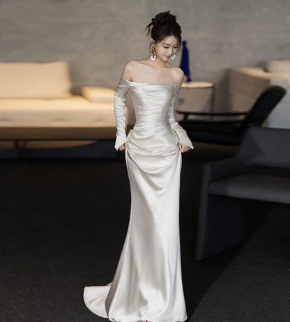 Elegant White Prom Dress ,Mermaid Strapless Silky Bodycon Maxi Evening Dress RS1179
