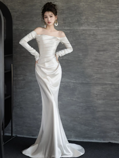 Elegant White Prom Dress ,Mermaid Strapless Silky Bodycon Maxi Evening Dress RS1179