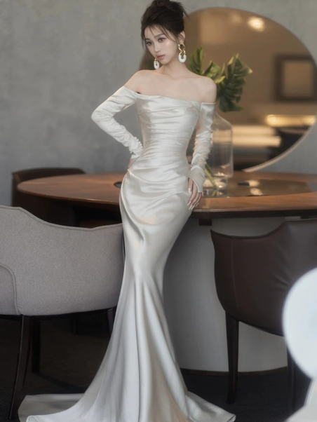 Elegant White Prom Dress ,Mermaid Strapless Silky Bodycon Maxi Evening Dress RS1179
