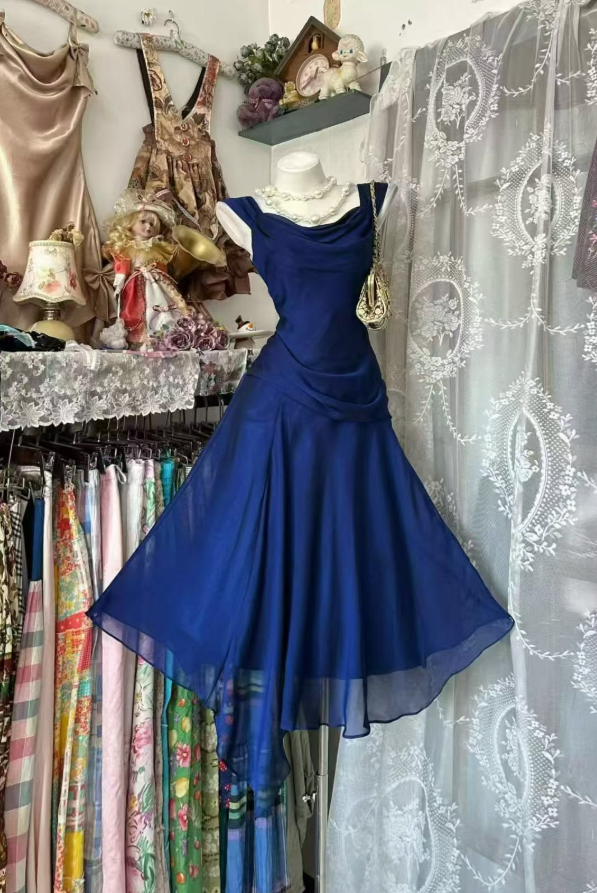 Elegant Navy Homecoming Dress ,A-Line Spaghetti Straps Corset Flowy Short Prom Dress Cami Dress RS1175