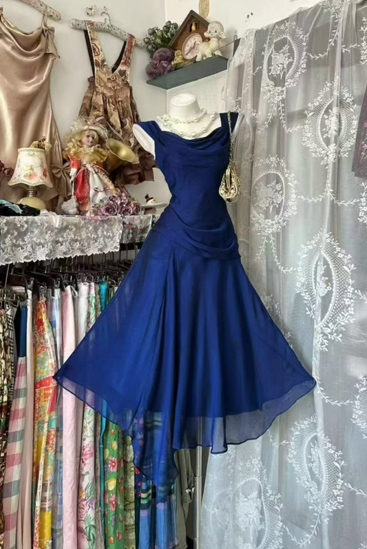 Elegant Navy Homecoming Dress ,A-Line Spaghetti Straps Corset Flowy Short Prom Dress Cami Dress RS1175