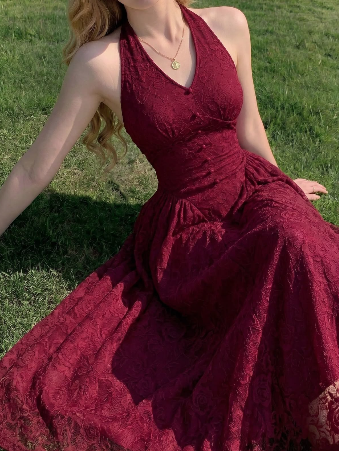 Elegant Burgundy Prom Dress ,A-Line Halter Embroidery Bodycon Maxi Evening Dress RS1181