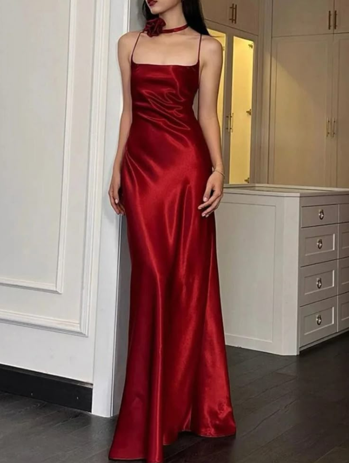 Elegant Burgundy Silky Prom Dress ,Sheath Spaghetti Straps Bodycon Maxi Evening Dress RS1182