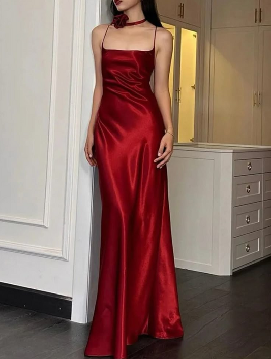 Elegant Burgundy Silky Prom Dress ,Sheath Spaghetti Straps Bodycon Maxi Evening Dress RS1182