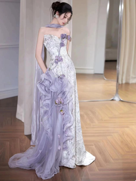 Lavender Elegant Prom Dress ,Sheath Strapless Applique Bodycon Maxi Evening Dress RS1185