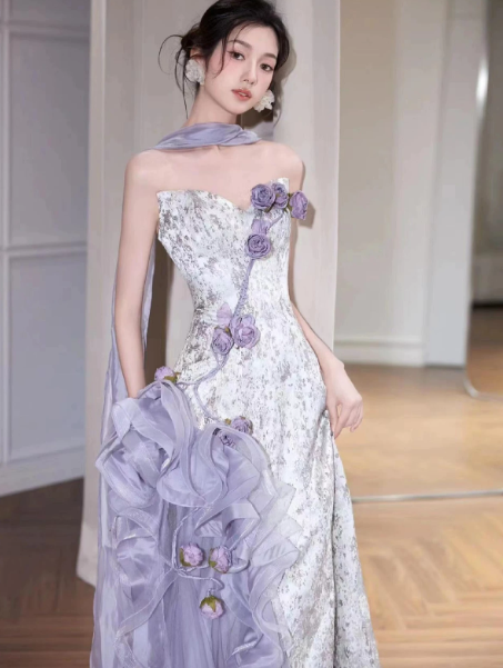 Lavender Elegant Prom Dress ,Sheath Strapless Applique Bodycon Maxi Evening Dress RS1185