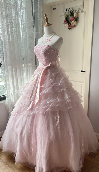 Elegant Soft Pink Ball Gown Strapless Long Women Dress Birthday Dress Evening Dress RS099