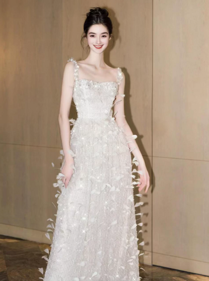 White Elegant Prom Dress ,A-Line Spaghetti Straps Feather Decor Corset Maxi Evening Dress RS1186