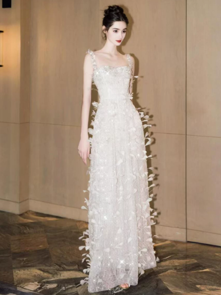 White Elegant Prom Dress ,A-Line Spaghetti Straps Feather Decor Corset Maxi Evening Dress RS1186