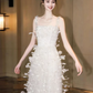 White Elegant Prom Dress ,A-Line Spaghetti Straps Feather Decor Corset Maxi Evening Dress RS1186