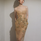 Golden Gorgeous Prom Dress ,Sheath Sheer Straps Applique Glitter Corset Maxi Evening Dress RS1187