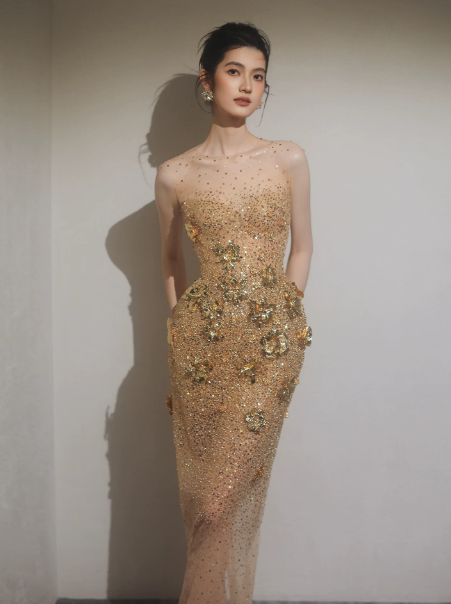Golden Gorgeous Prom Dress ,Sheath Sheer Straps Applique Glitter Corset Maxi Evening Dress RS1187