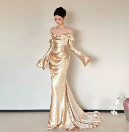 Golden Gorgeous Prom Dress ,Mermaid Strapless Silky Bodycon Maxi Evening Dress RS1188