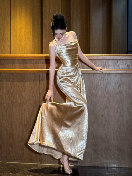 Golden Elegant Prom Dress ,Mermaid Spaghetti Straps Silky Bodycon Maxi Evening Dress RS1189