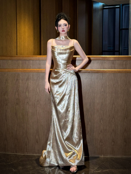 Golden Elegant Prom Dress ,Mermaid Spaghetti Straps Silky Bodycon Maxi Evening Dress RS1189